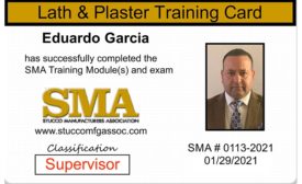 The SMA training card verifies the individual has taken classes (left) and the back lists what classes the individual has successfully passed. Photo courtesy: Stucco Manufacturers Association 